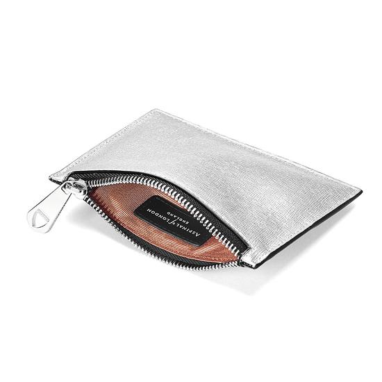 Small Essential Flat Pouch in Silver Saffiano & Black Polish from Aspinal of London