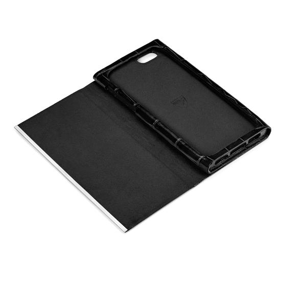 iPhone 6 Leather Book Case in Deep Shine Black Croc & Black Suede from Aspinal of London
