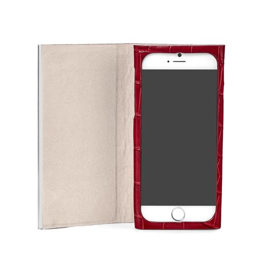 iPhone 7 Plus Leather Book Case in Deep Shine Red Croc with Cream Suede from Aspinal of London