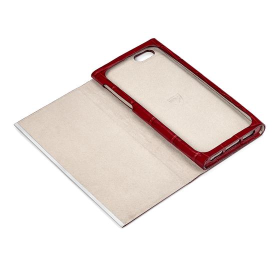 iPhone 7 Plus Leather Book Case in Deep Shine Red Croc with Cream Suede from Aspinal of London