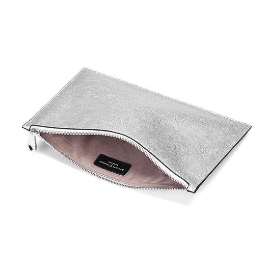 Large Essential Flat Pouch in Silver Saffiano & Smooth Black from Aspinal of London