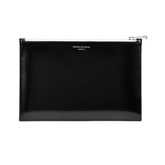 Large Essential Flat Pouch in Silver Saffiano & Smooth Black from Aspinal of London