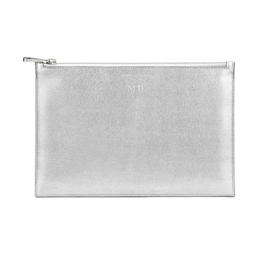 Large Essential Flat Pouch in Silver Saffiano & Smooth White from Aspinal of London