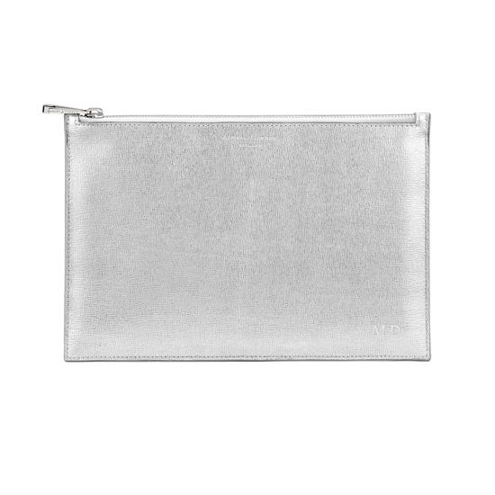 Large Essential Flat Pouch in Silver Saffiano & Smooth White from Aspinal of London
