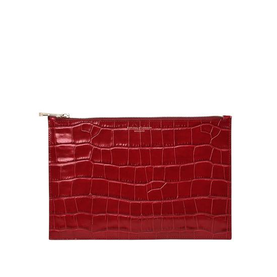 Large Essential Flat Pouch in Deep Shine Red Croc from Aspinal of London