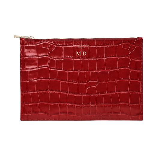 Large Essential Flat Pouch in Deep Shine Red Croc from Aspinal of London