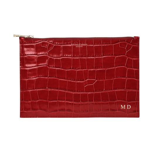 Large Essential Flat Pouch in Deep Shine Red Croc from Aspinal of London