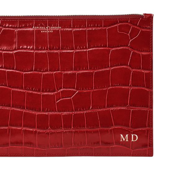 Large Essential Flat Pouch in Deep Shine Red Croc from Aspinal of London