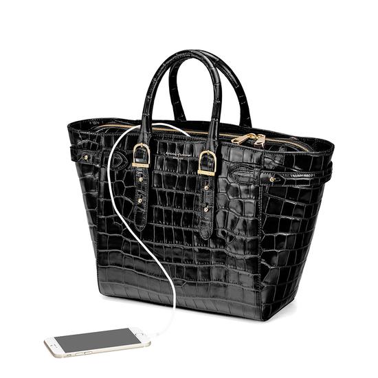 Midi Marylebone Tech Tote in Deep Shine Black Croc from Aspinal of London