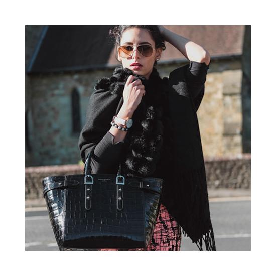 Midi Marylebone Tech Tote in Deep Shine Black Croc from Aspinal of London