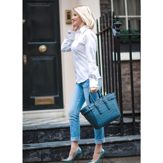 Midi Marylebone Tech Tote in Teal Nubuck Croc from Aspinal of London