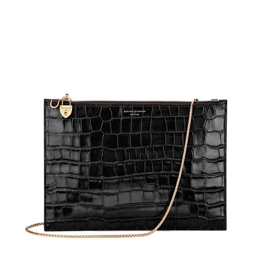 Soho Double Sided Clutch in Deep Shine Black Croc from Aspinal of London