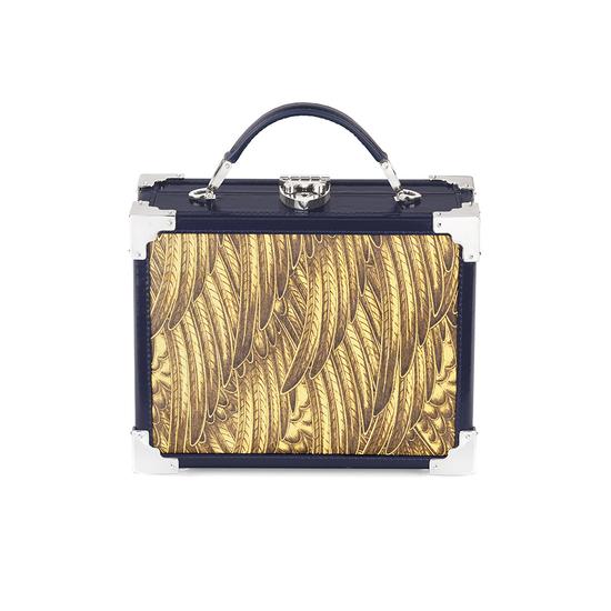 Mini Trunk Clutch in Pegasus Blue & Yellow Feather Print from Aspinal of London