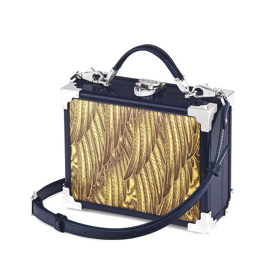 Mini Trunk Clutch in Pegasus Blue & Yellow Feather Print from Aspinal of London