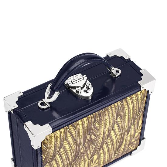 Mini Trunk Clutch in Pegasus Blue & Yellow Feather Print from Aspinal of London