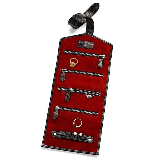 Travel Jewellery Roll in Jet Black Lizard & Red Suede from Aspinal of London