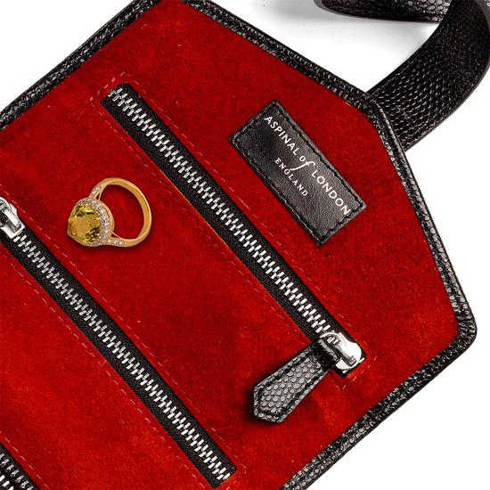Travel Jewellery Roll in Jet Black Lizard & Red Suede from Aspinal of London