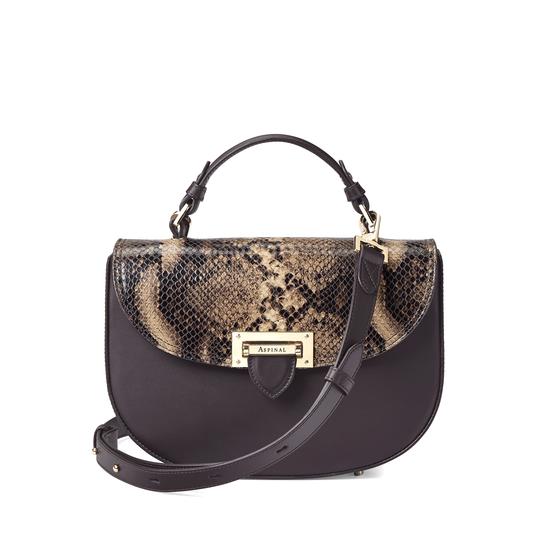 Letterbox Saddle Bag in Smooth Dark Brown & Tan Snake Print from Aspinal of London