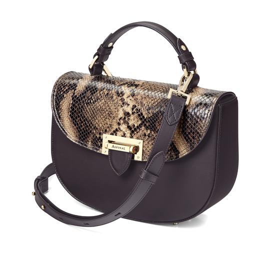 Letterbox Saddle Bag in Smooth Dark Brown & Tan Snake Print from Aspinal of London