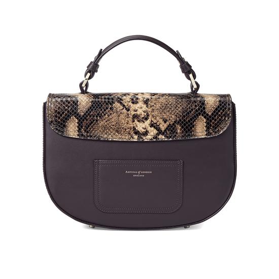 Letterbox Saddle Bag in Smooth Dark Brown & Tan Snake Print from Aspinal of London