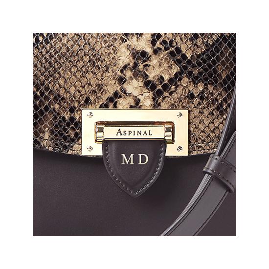 Letterbox Saddle Bag in Smooth Dark Brown & Tan Snake Print from Aspinal of London