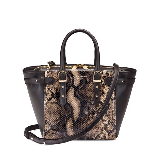 Mini Marylebone Tote in Smooth Dark Brown & Tan Snake Print from Aspinal of London