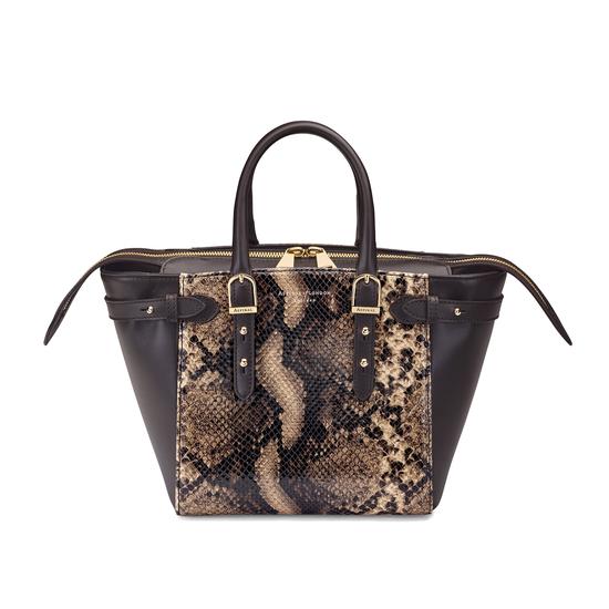 Mini Marylebone Tote in Smooth Dark Brown & Tan Snake Print from Aspinal of London