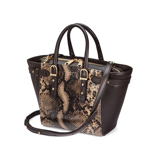 Mini Marylebone Tote in Smooth Dark Brown & Tan Snake Print from Aspinal of London