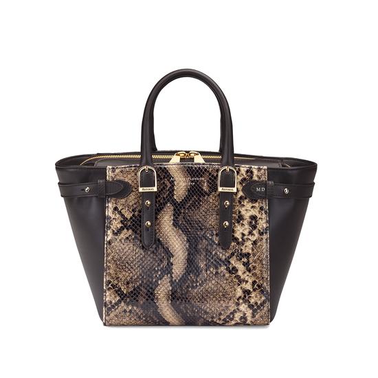 Mini Marylebone Tote in Smooth Dark Brown & Tan Snake Print from Aspinal of London