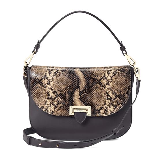 Slouchy Saddle Bag in Smooth Dark Brown & Tan Snake Print from Aspinal of London