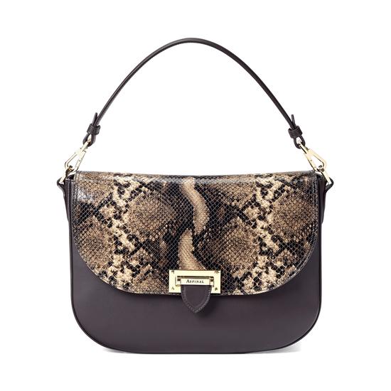 Slouchy Saddle Bag in Smooth Dark Brown & Tan Snake Print from Aspinal of London