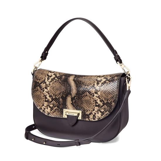 Slouchy Saddle Bag in Smooth Dark Brown & Tan Snake Print from Aspinal of London