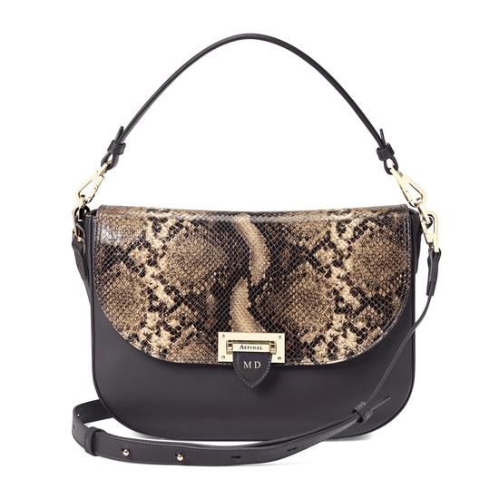 Slouchy Saddle Bag in Smooth Dark Brown & Tan Snake Print from Aspinal of London