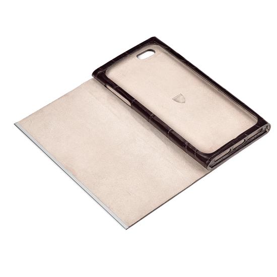 iPhone 7 Plus Leather Book Case in Deep Shine Amazon Brown Croc & Stone Suede from Aspinal of London