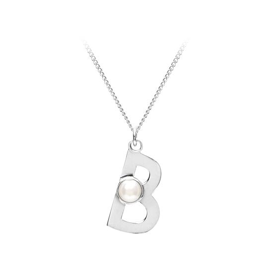 Sterling Silver & Akoya Pearl Alphabet Pendant Necklace (Letter B) from Aspinal of London