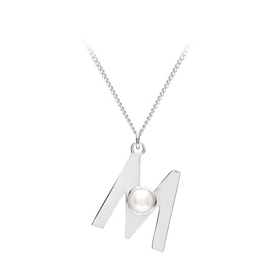 Sterling Silver & Akoya Pearl Alphabet Pendant Necklace (Letter M) from Aspinal of London