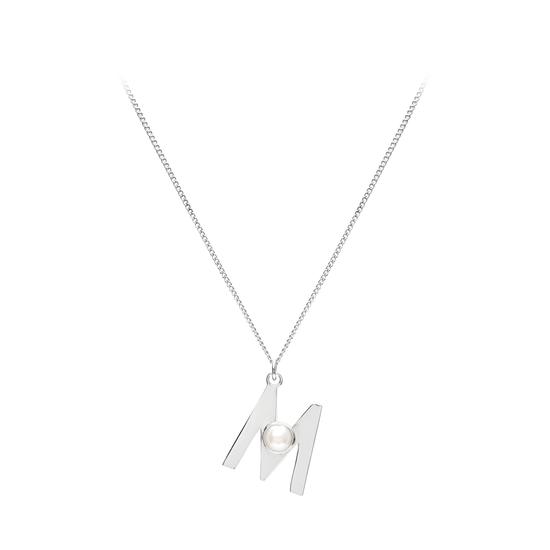 Sterling Silver & Akoya Pearl Alphabet Pendant Necklace (Letter M) from Aspinal of London