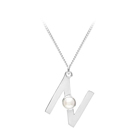 Sterling Silver & Akoya Pearl Alphabet Pendant Necklace (Letter N) from Aspinal of London
