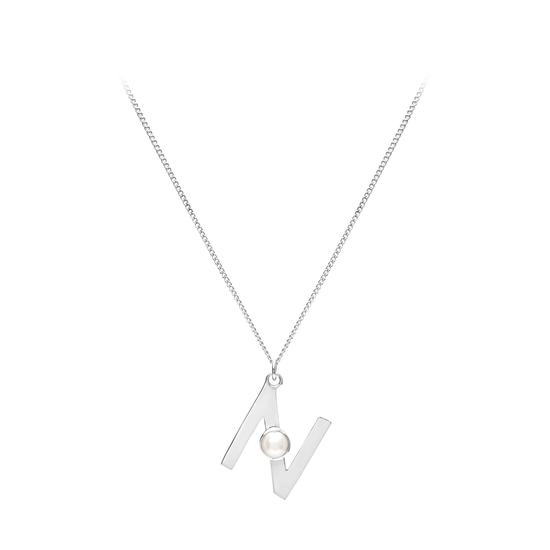 Sterling Silver & Akoya Pearl Alphabet Pendant Necklace (Letter N) from Aspinal of London