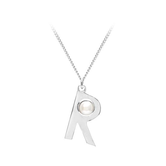 Sterling Silver & Akoya Pearl Alphabet Pendant Necklace (Letter R) from Aspinal of London