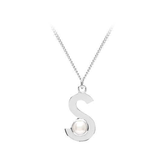 Sterling Silver & Akoya Pearl Alphabet Pendant Necklace (Letter S) from Aspinal of London