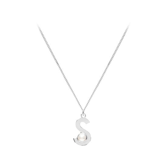 Sterling Silver & Akoya Pearl Alphabet Pendant Necklace (Letter S) from Aspinal of London