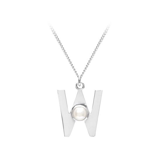 Sterling Silver & Akoya Pearl Alphabet Pendant Necklace (Letter W) from Aspinal of London
