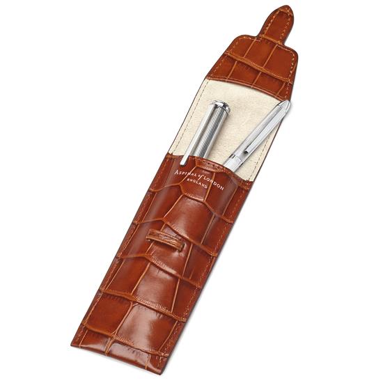 Small Pen Case in Deep Shine Vintage Tan Croc & Beige Suede from Aspinal of London
