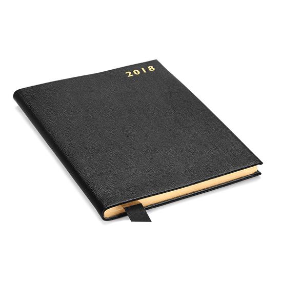 A5 Week to View Leather Diary in Black Saffiano from Aspinal of London