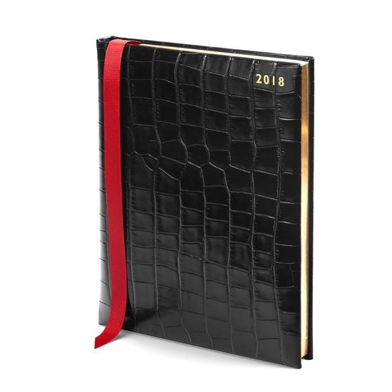 Quarto A4 Day per Page Leather Diary in Deep Shine Black Croc from Aspinal of London