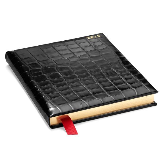 Quarto A4 Day per Page Leather Diary in Deep Shine Black Croc from Aspinal of London