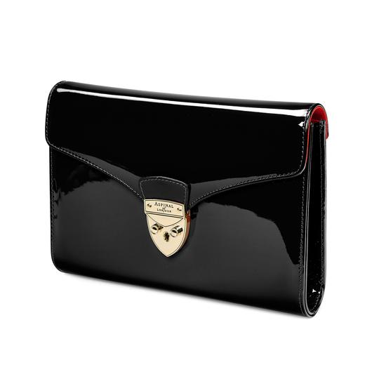 Manhattan Clutch with Chain in Deep Shine Black Patent from Aspinal of London
