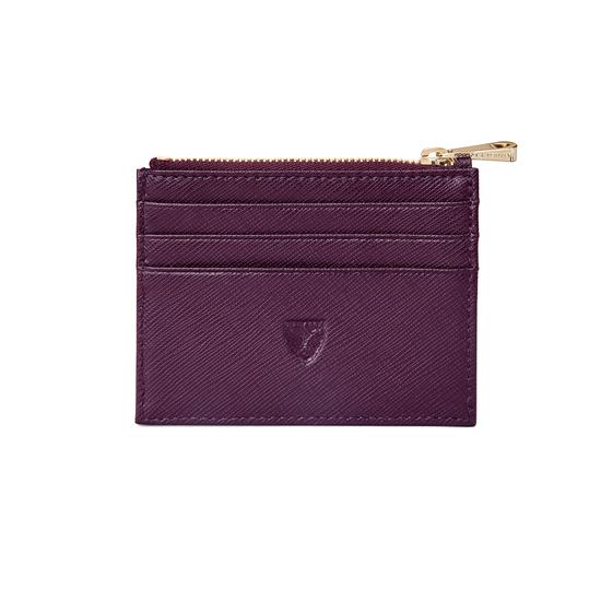 Zip Top Coin & Card Case in Grape Saffiano & Cappuccino Suede from Aspinal of London