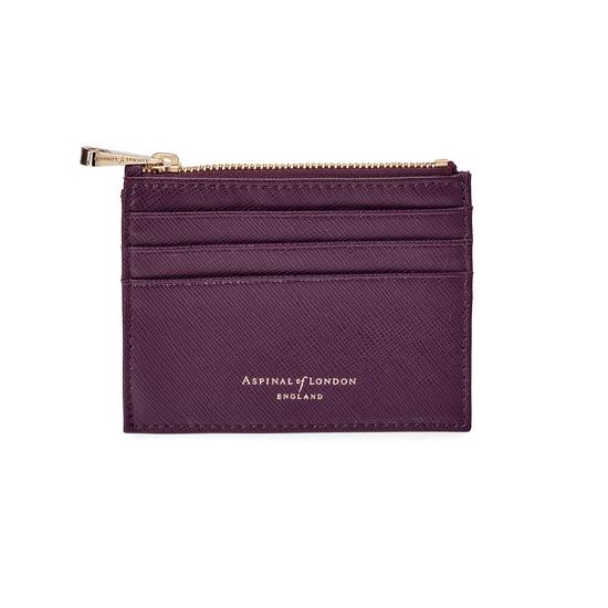Zip Top Coin & Card Case in Grape Saffiano & Cappuccino Suede from Aspinal of London